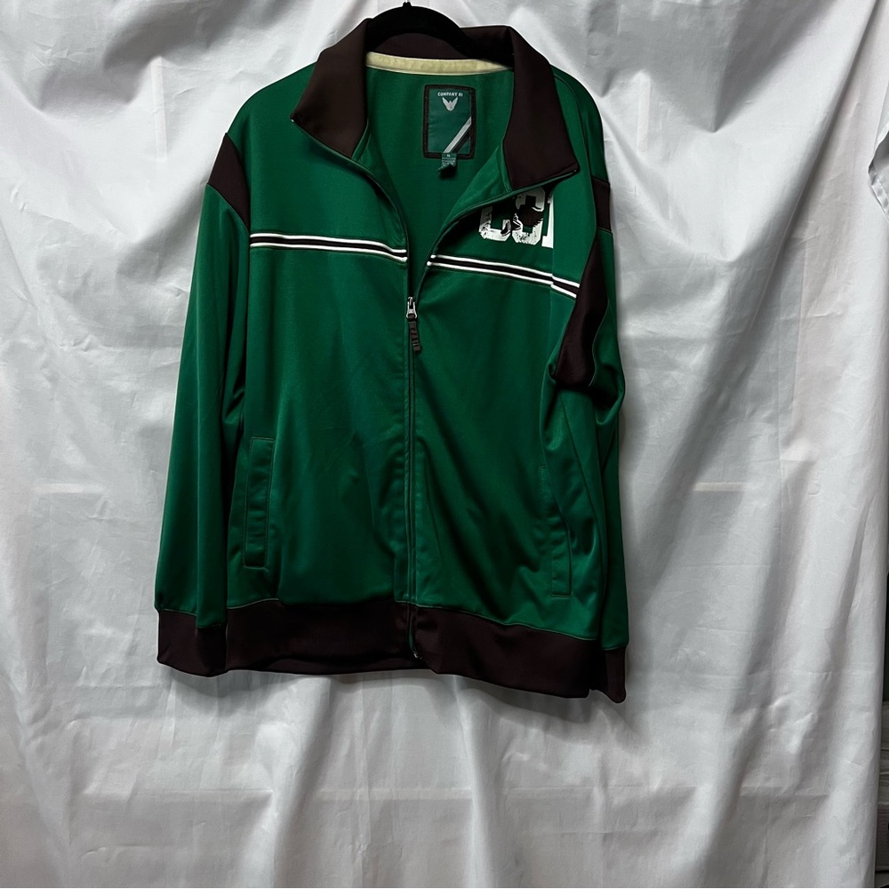 Green and Brown Performance Jacket with Full-Length Zipper and Stripes